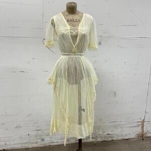 Antique Edwardian 1910s Net Lace Ruffle Lingerie Dress Gown